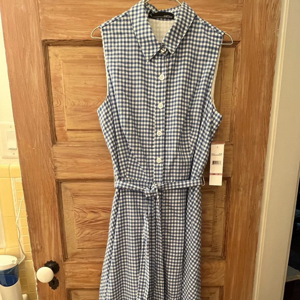 NWT Chetta B Size 12 Blue and White Checked Summer Dress w Tie Belt, Fit & Flare - Picture 2 of 11